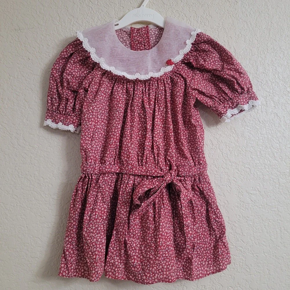 Vintage Sarah Kent 4T Red Floral Puff Sleeve Dress Lace Collared Bow Cottagecore